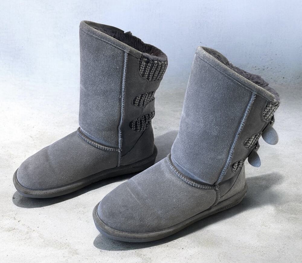 Bearpaw Boshie Women’s Winter Boots Gray Suede Knit Buckle Shearling Lined Sz 9